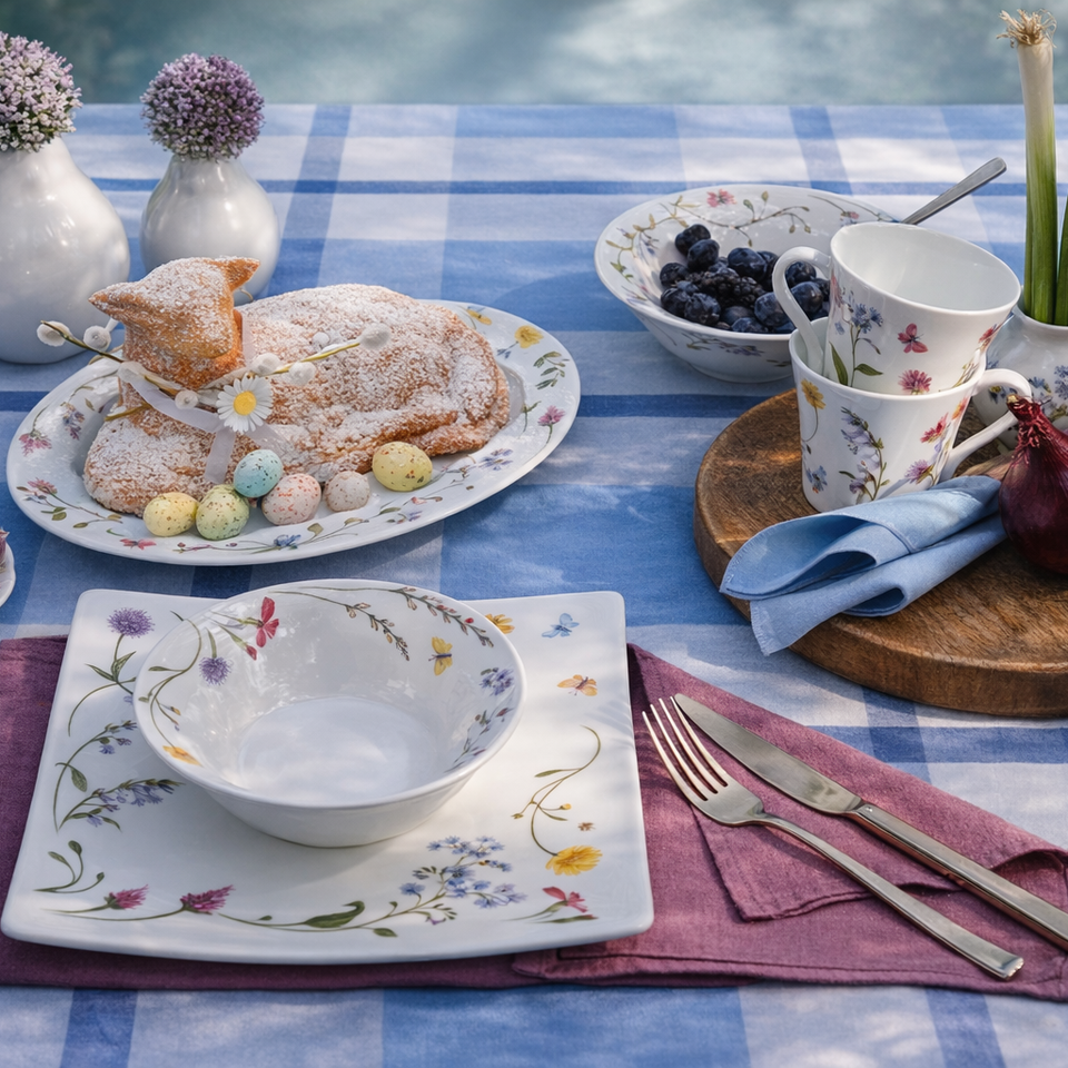 Tavola imbandita in stile primaverile con stoviglie Hutschenreuther, dolci pasquali, uova di Pasqua colorate e motivi floreali in porcellana.