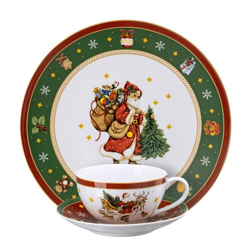Hutschenreuther Christmas tableware with cup, saucer, and plate featuring Santa Claus.