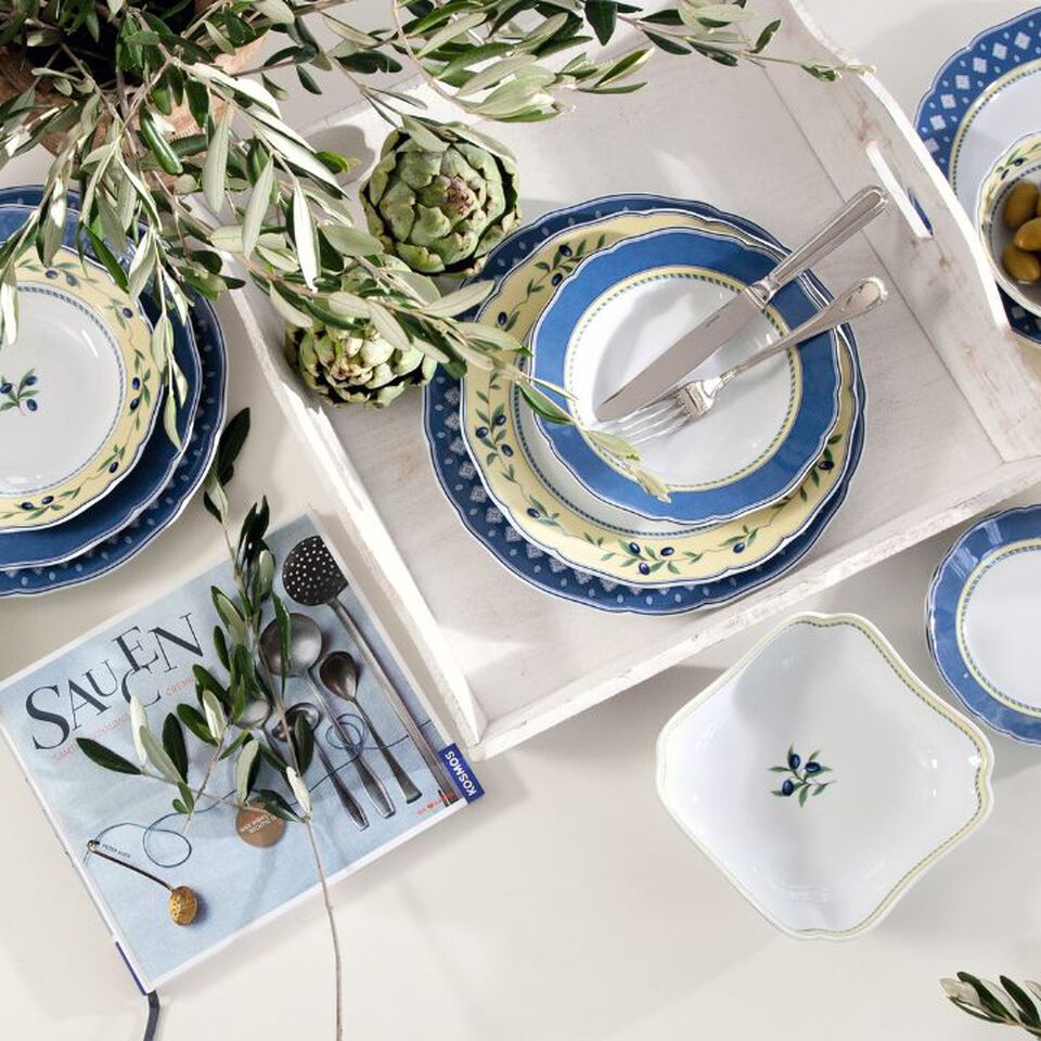 Mediterranean tableware with olive motif, decorated with branches and artichokes