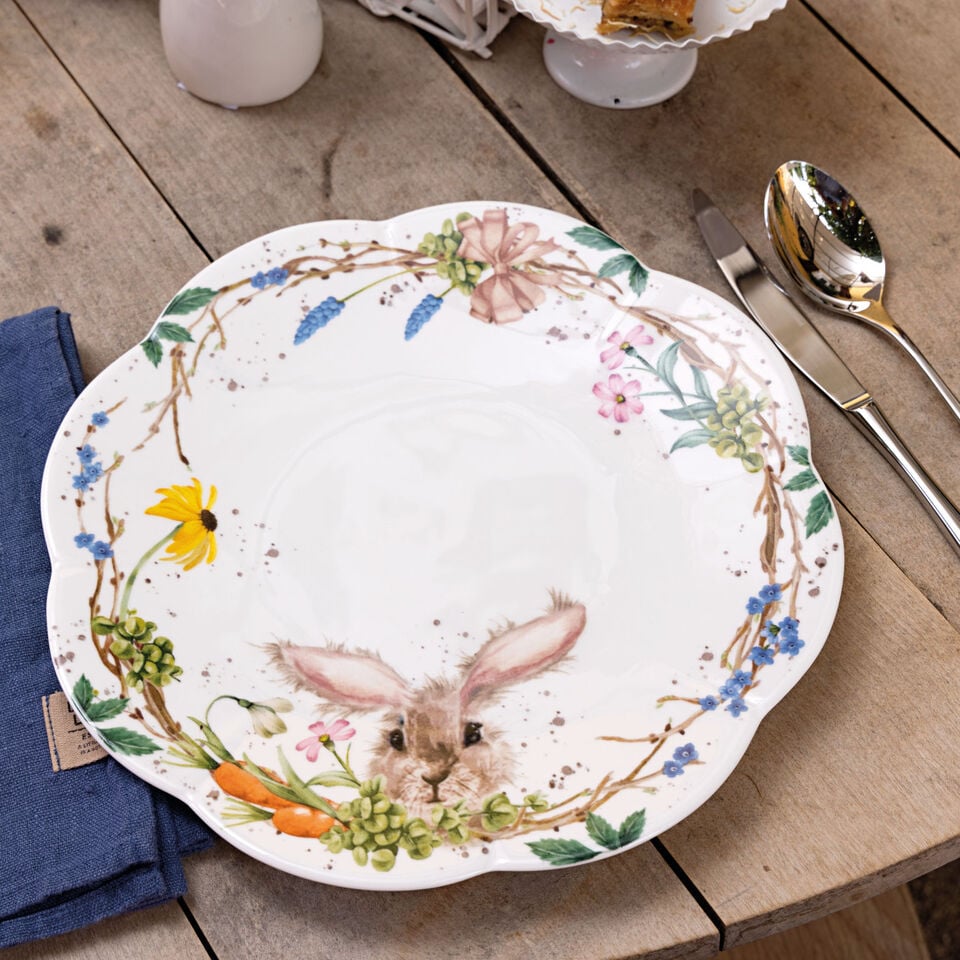 Hutschenreuther Süße Ostern Schale mit Hasenkopf, Möhren und Frühlingsblumen am Schalenrand