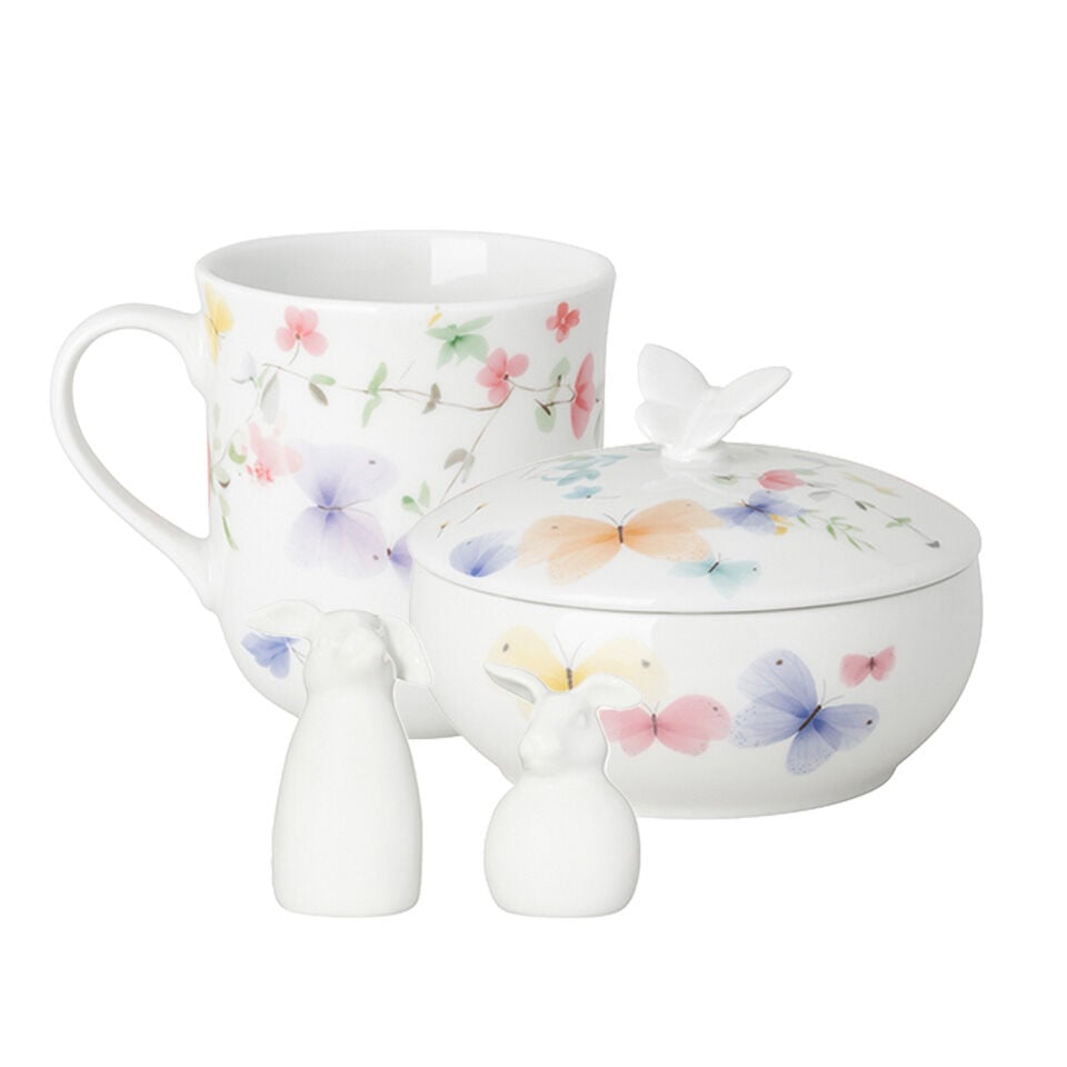 Becher, Dose und Salz und Pfefferstreuer von Hutschenreuther Fr&uuml;hlingsgr&uuml;&szlig;e