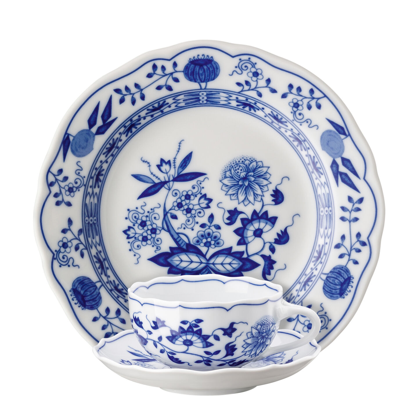 Hutschenreuther Blue Onion pattern cup with saucer and plate.