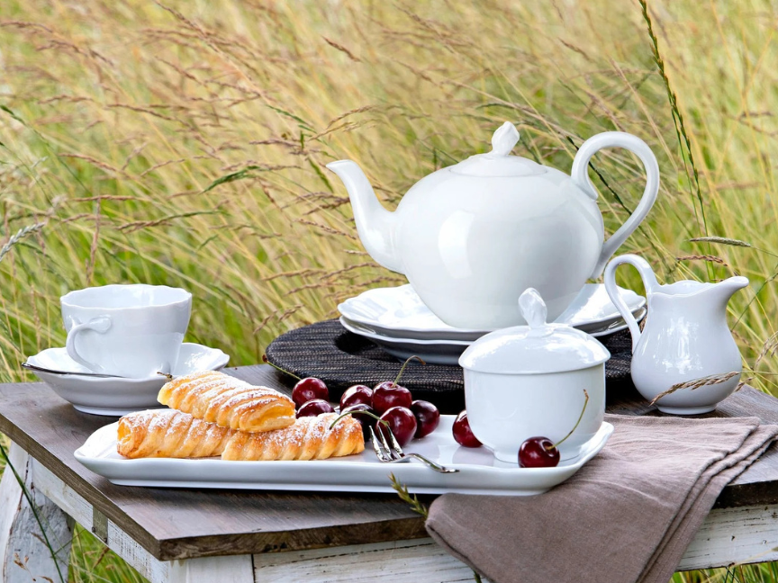 Hutschenreuther Maria Theresia White Tea sets with cups, sugar bowl & milk jug in an outdoor atmosphere